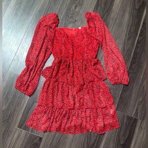 Vibrant Red Patterned Tiered Dress